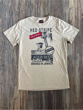 Red Stripe Lager Beer Jamaica Short Sleeve Graphic Tee Shirt Large Beige Patch